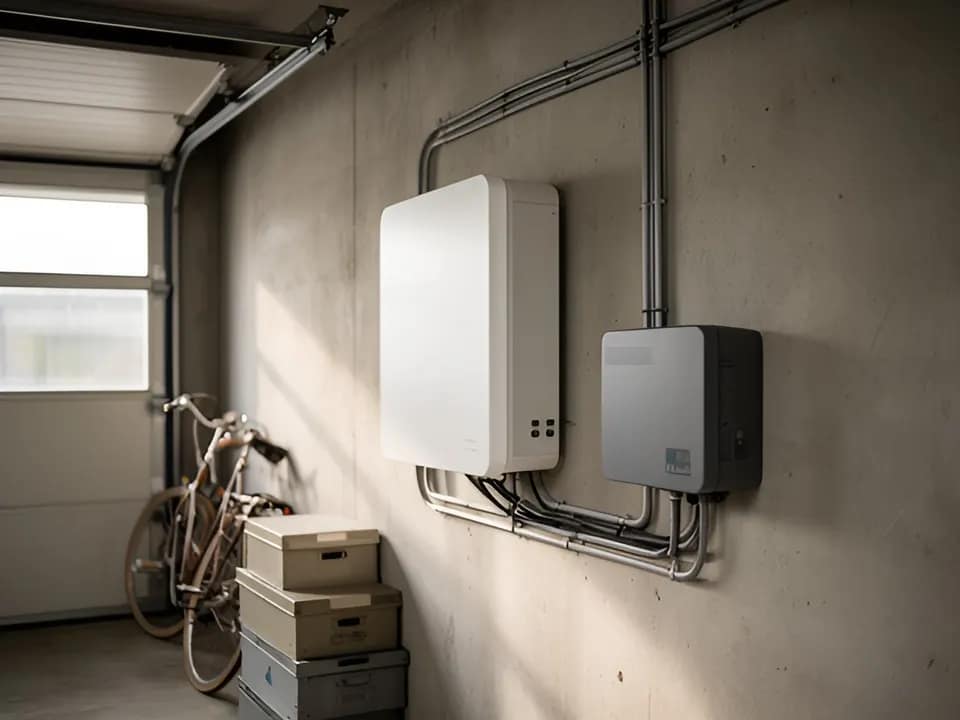 Een witte thuisaccu en een grijze omvormer naast elkaar aan een betonnen garagemuur, met netjes weggewerkte leidingen