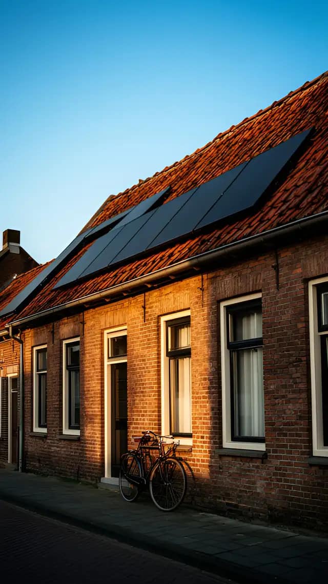 Zonnepanelen op het schuine pannendak van een bakstenen rijtjeshuis, gezien vanaf de straat