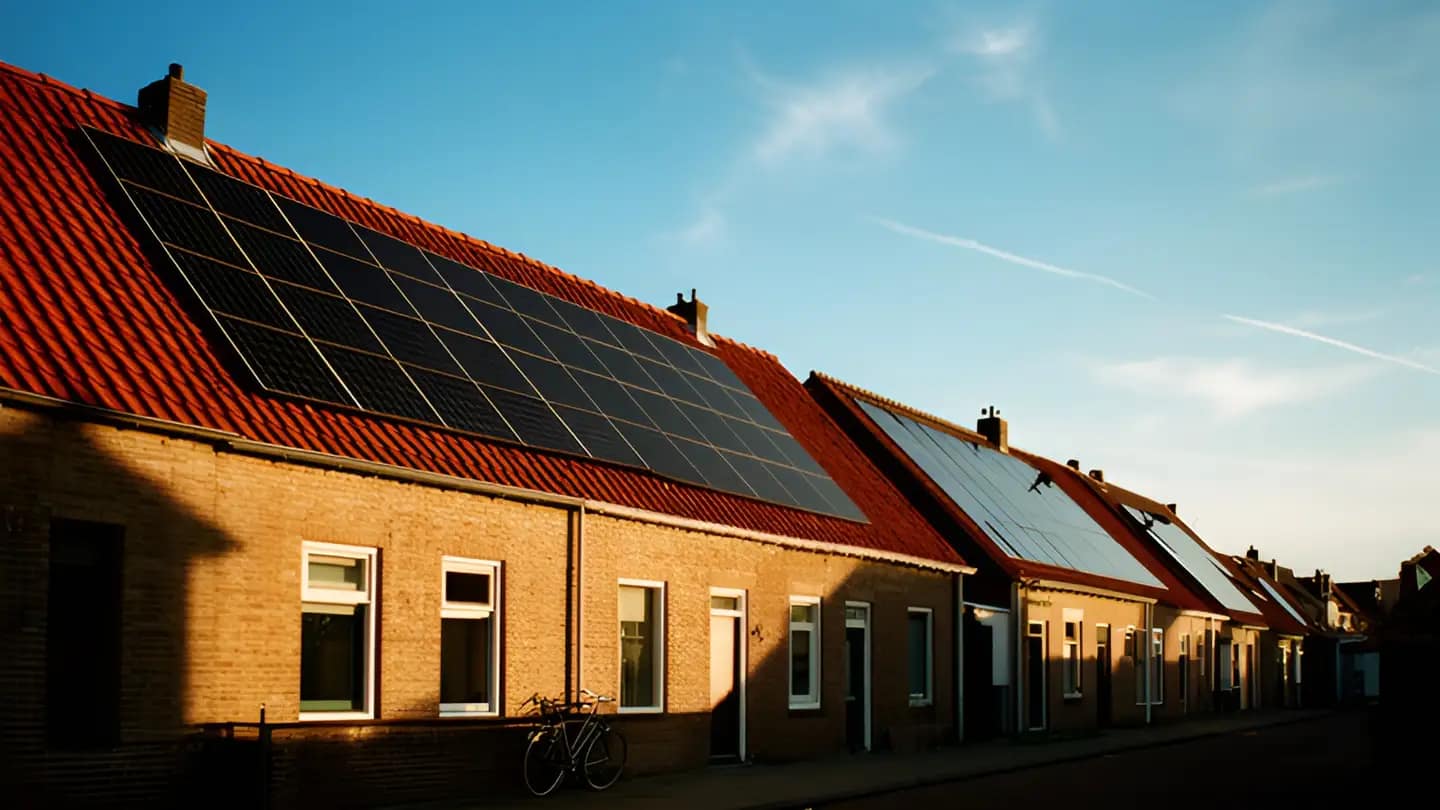 Een rij Nederlandse huizen met zonnepanelen op het dak in het late middaglicht