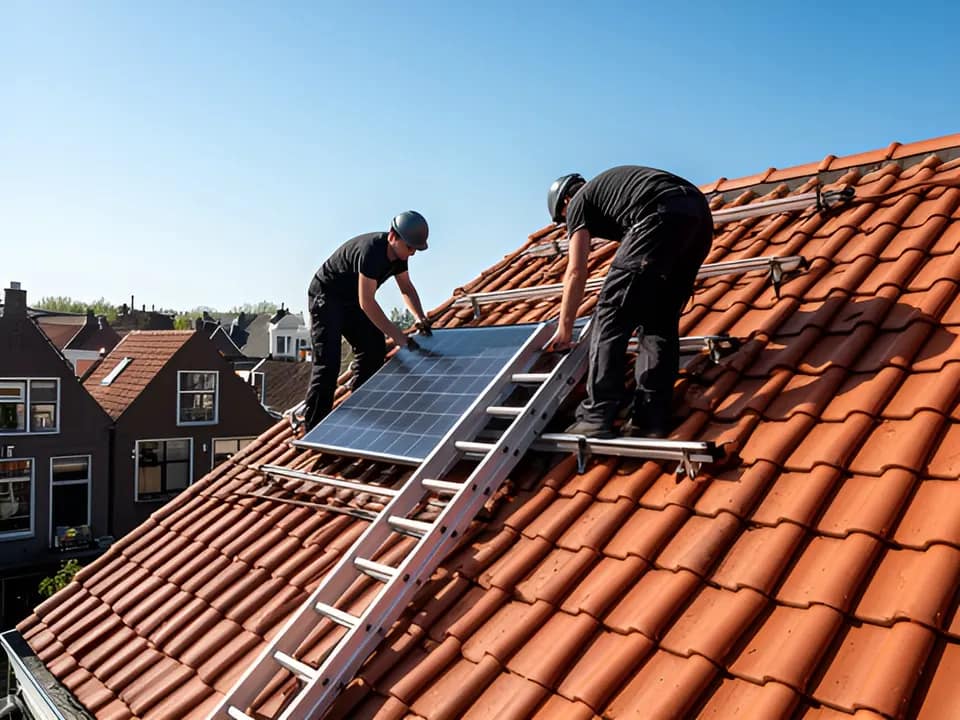 Twee installateurs plaatsen een zonnepaneel op de rails van een pannendak in een Nederlandse woonwijk