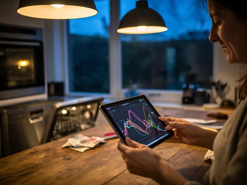 Handen met een tablet aan een houten keukentafel in de avond, met een offerte naast de tablet